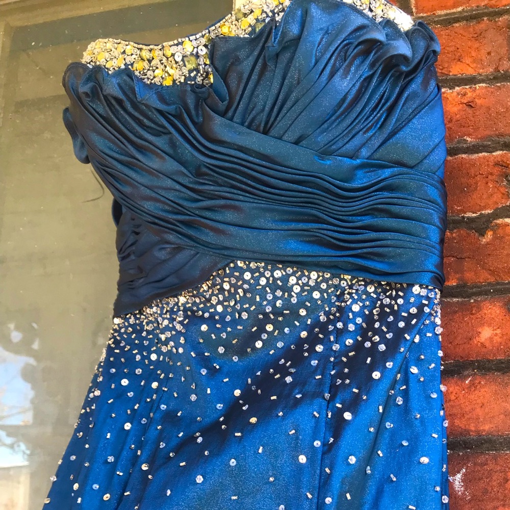 Maggie Sottero Midnight blue strapless prom gown